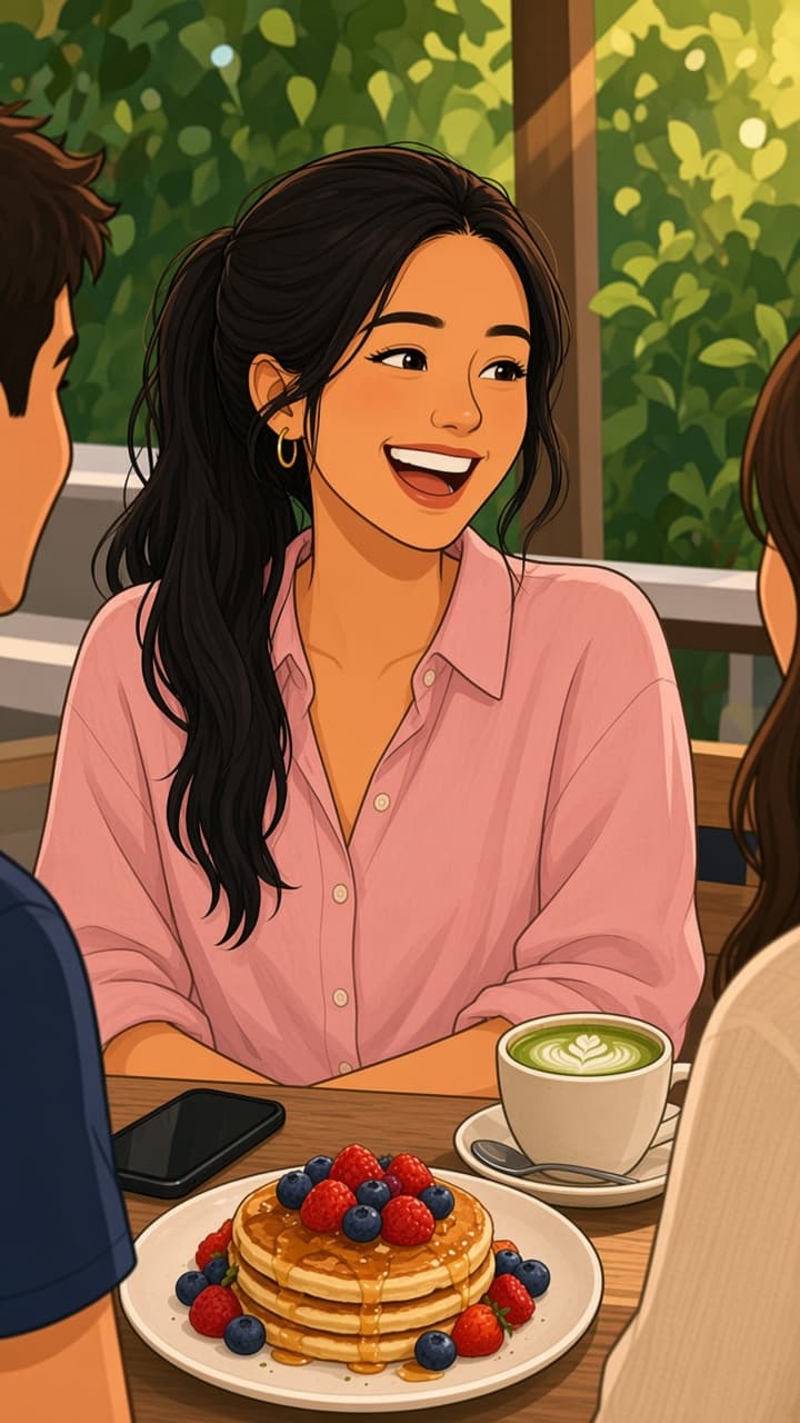 Jade laughing with two friends over pancakes at a garden brunch table