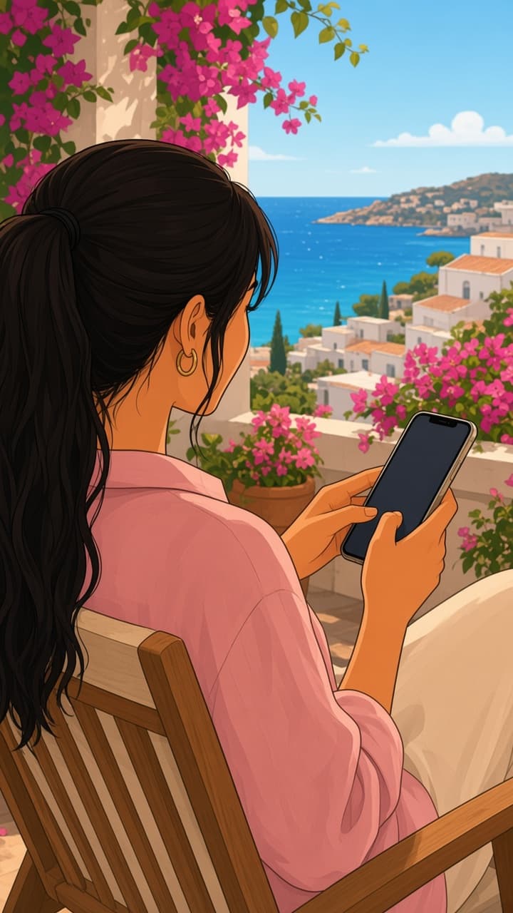 Jade tapping send on her phone on a balcony above the sea